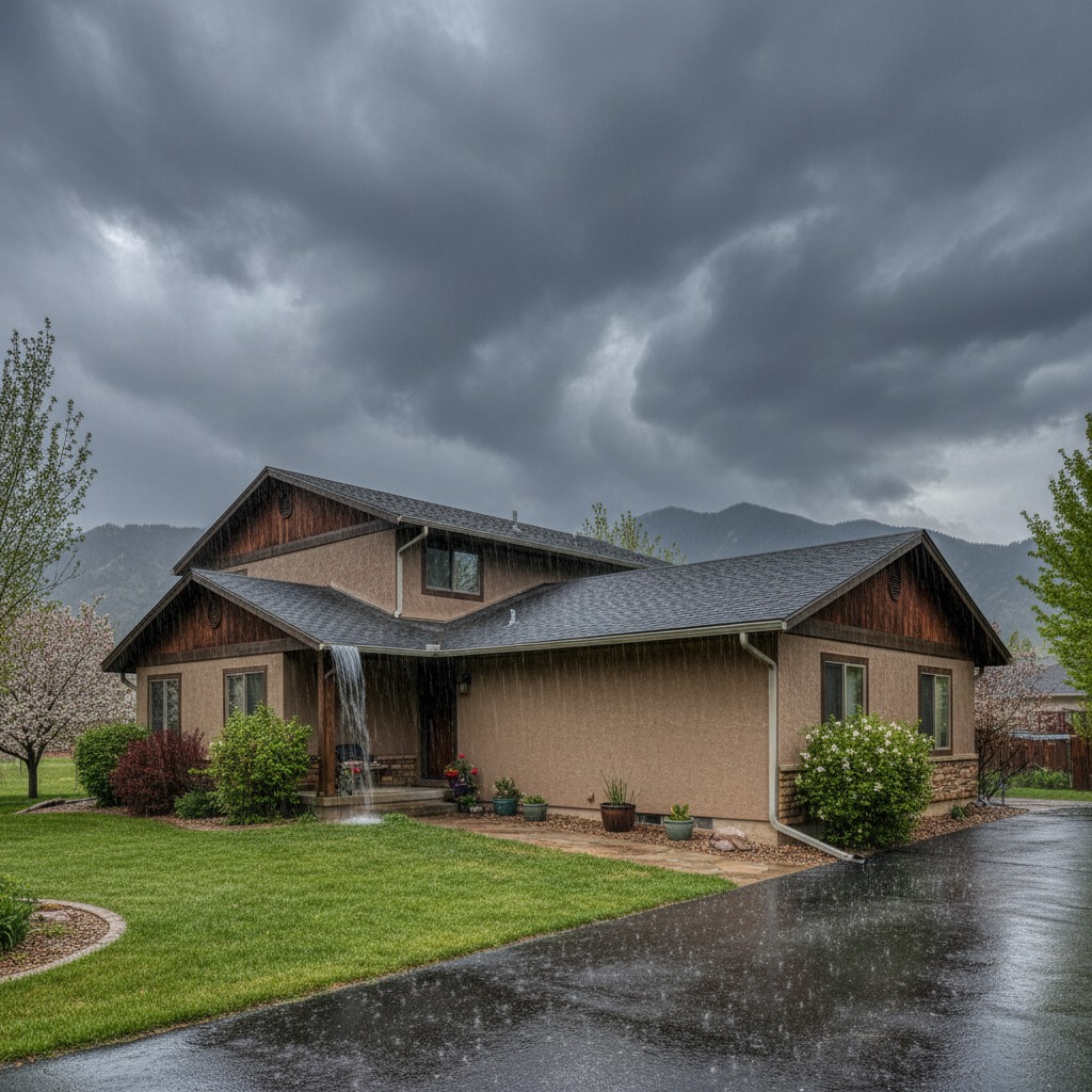 Utah home during a spring rainstorm with dark clouds and rain falling on the roof and gutters