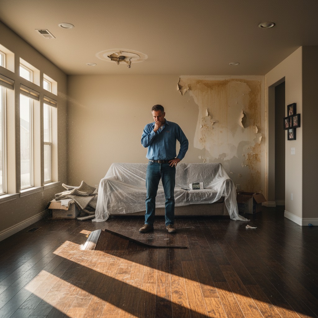 Homeowner surveying water damage in their Utah home while considering restoration costs